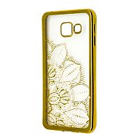 Чехол-накладка для Samsung Galaxy A3 2016 рисунок со стразами+металлическая окантовка золотой